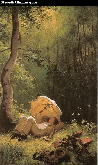 Carl Spitzweg Der Maler auf einer Waldlichtung, unter einem Schirm liegend